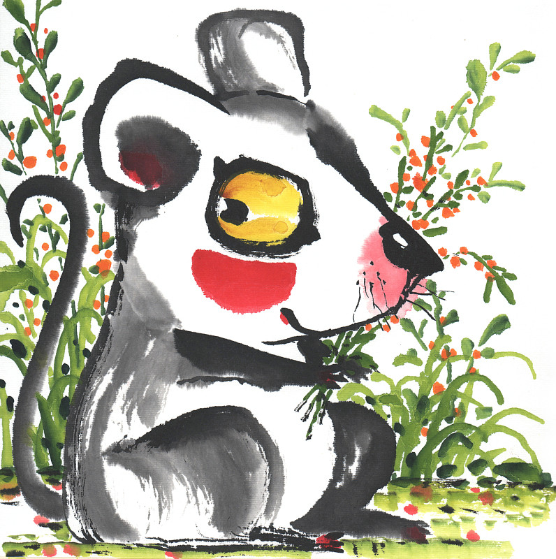 国画水墨插画-可爱的抱着花枝的老鼠下载