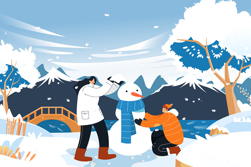 卡通大雪小雪冬季堆雪人背景矢量插画图片