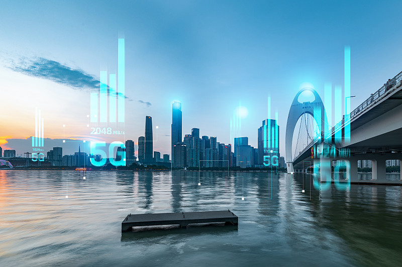 5G网络信号科技快速发展广州珠江全景城市高楼建筑经济中心图片下载