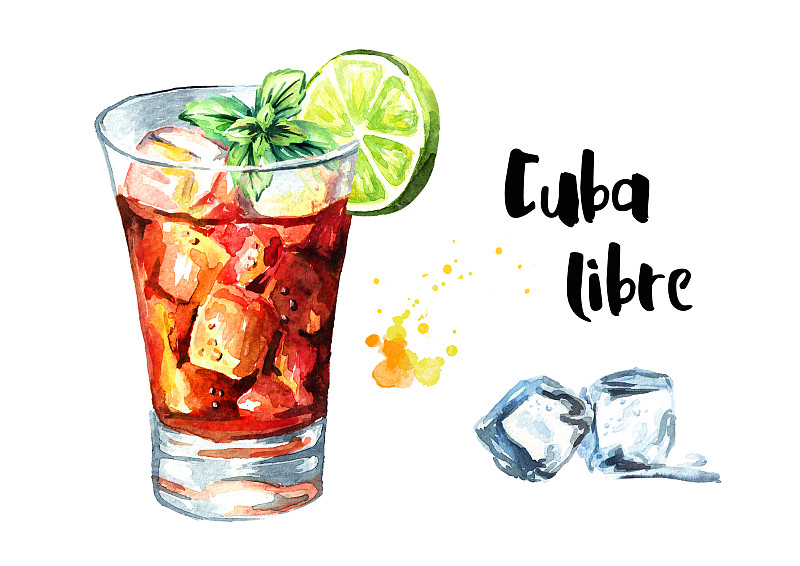 古巴利布鸡尾酒，酸橙和薄荷。水彩手绘插图，孤立的白色背景图片素材
