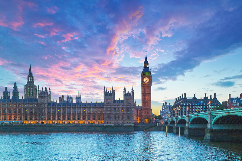 黄昏时伦敦的大本钟和议会大厦图片下载