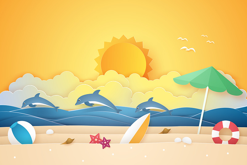 夏天的时候，大海和沙滩上有海豚和东西，纸艺术风格图片下载