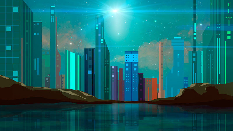 彩色科幻现代未来城市插图与岩石，星星和水中的倒影图片下载
