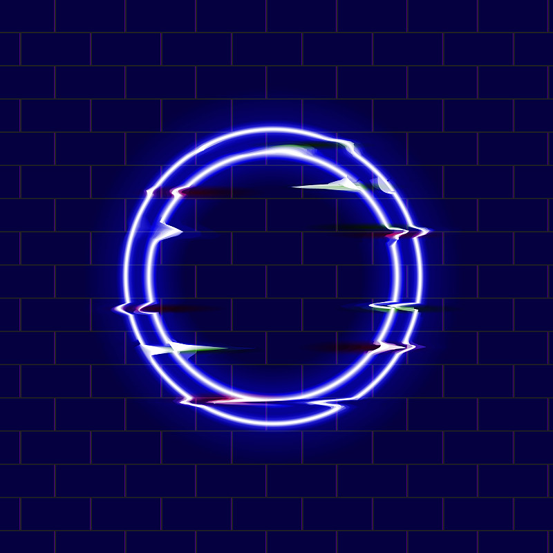 矢量故障效果，圆形，在黑暗砖墙背景上闪烁霓虹灯插图。图片下载