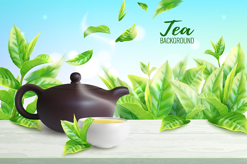 广告海报的绿色或红茶与一个粘土茶壶和一个杯子。绿茶图片下载
