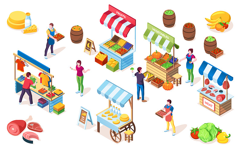 跳蚤市场的柜台或集市摊位，有篷的市场展示，街道商店或杂货店的牛奶和水果，蔬菜和奶酪，肉类，蔬菜杂货店，服装。杂货、食品、销售、零售图片素材