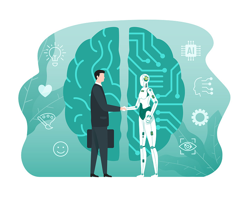 人工智能技术的概念与机器人和人握手。人与机器人的伙伴关系图片下载