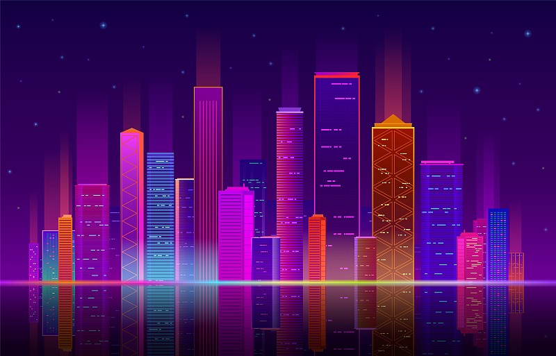 夜晚的城市。霓虹建筑，未来的天际线是摩天大楼。城市抽象景观，市区全景矢量背景图片下载