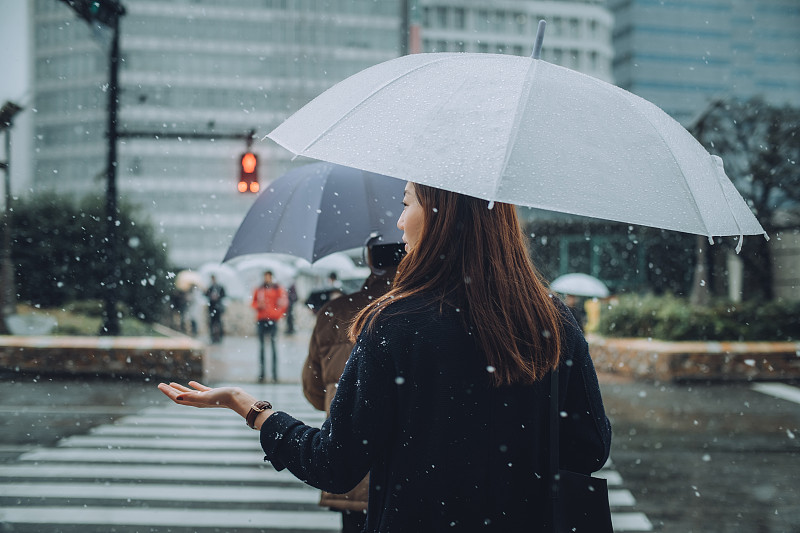 年轻女子撑着伞在城市街道上享受降雪图片下载