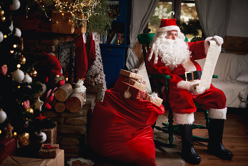 圣诞老人的肖像，坐在椅子上，带着装满礼物的袋子，看着圣诞清单图片下载