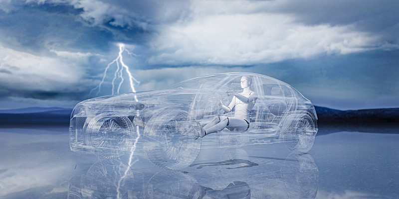机器学习:机器人在闪电风暴中学习驾驶玻璃渲染的汽车图片下载