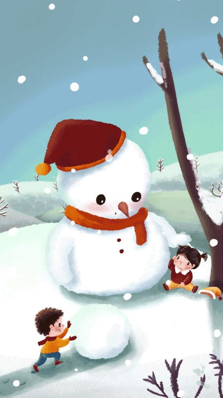 儿童插画动图滚雪球堆雪人竖构图图片下载
