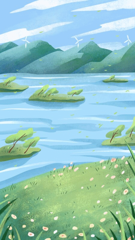 夏天湖边的绿色风景-动图插画下载