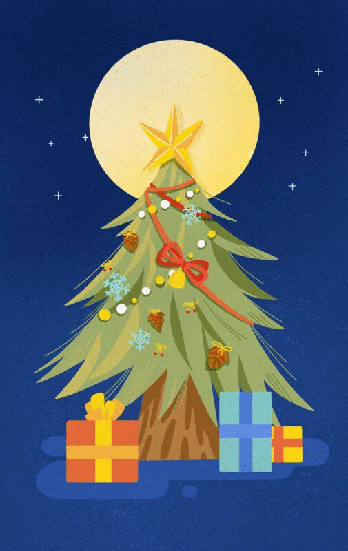 闪光星星蓝色夜景下的圣诞树和圣诞礼物圣诞插画图片下载