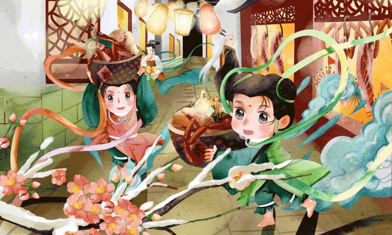 中国风春节可爱的仙童在街道买年货插画图片下载