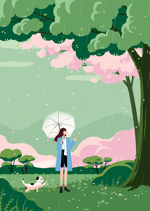 春雨里一个女孩站在绿色的草地上图片下载
