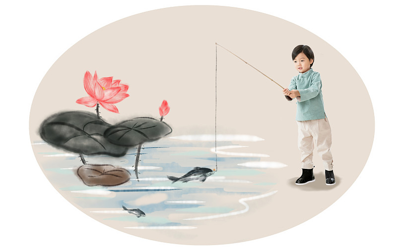 小男孩在河边钓鱼图片素材