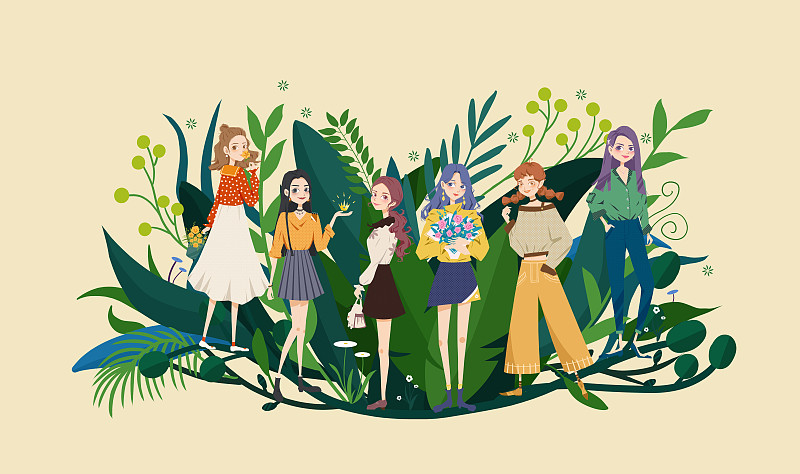 6个时尚的女孩和茂盛的绿色植物插画下载