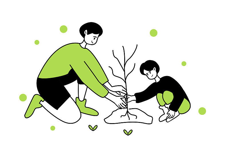 亲子一起植树节种树插画配图下载