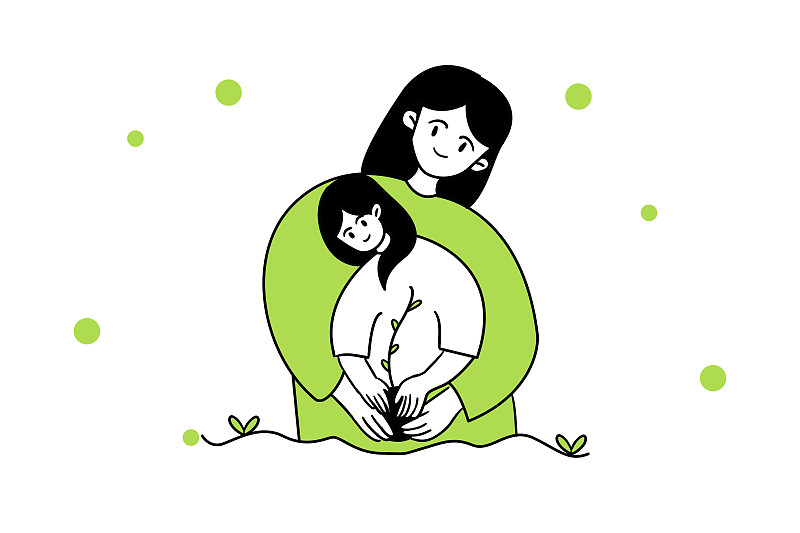 妈妈和女儿一起植树节种树插画配图图片