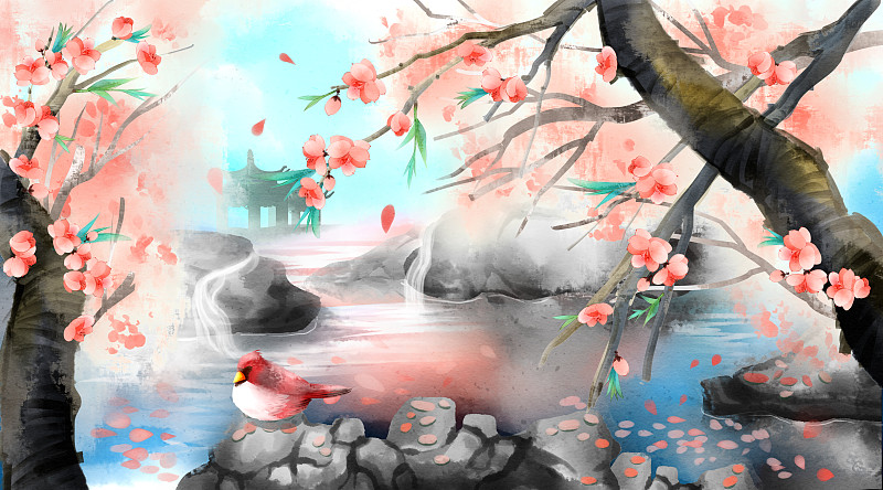 中国风水彩园林湖水插画下载