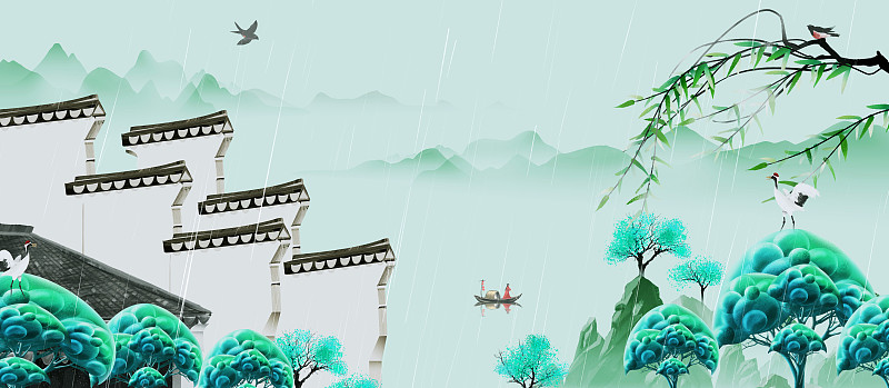 手绘中国风节气马头墙山水画图片素材