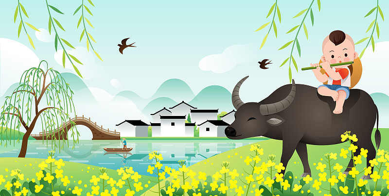 吹笛牧童骑着牛和江南乡村风景图片素材