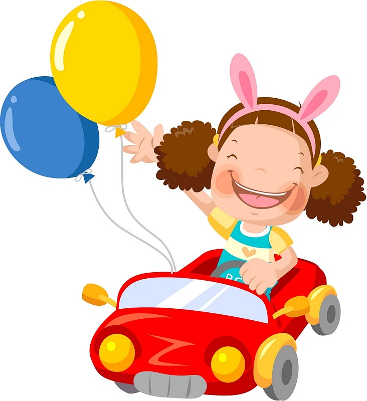 女孩坐在一辆有气球的红色汽车上图片下载