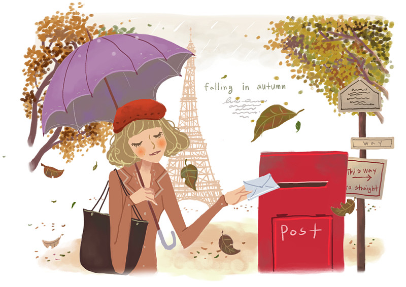 一个女人把邮件放在红色的邮箱在巴黎，同时拿着一个紫色的伞在秋天的插图图片下载