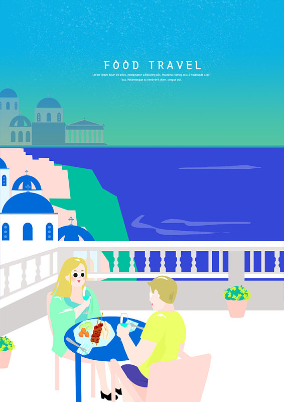 图为一对金发夫妇在希腊的户外餐厅用餐图片下载
