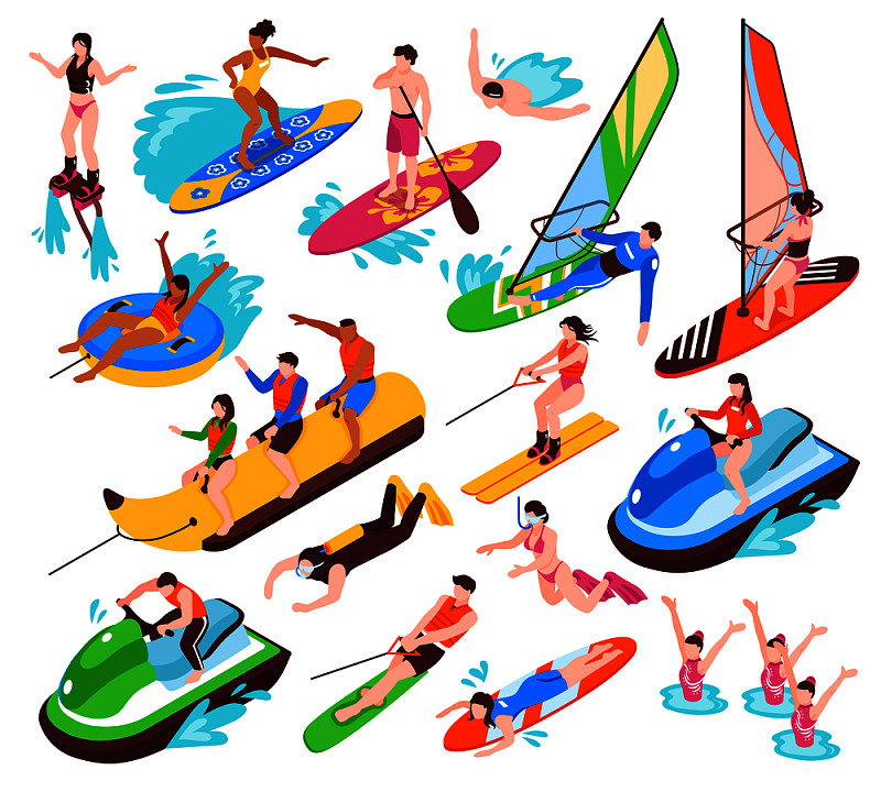 等角集夏季水上活动娱乐，如香蕉船冲浪，风帆冲浪，喷气机滑雪，飞板孤立矢量插图图片下载
