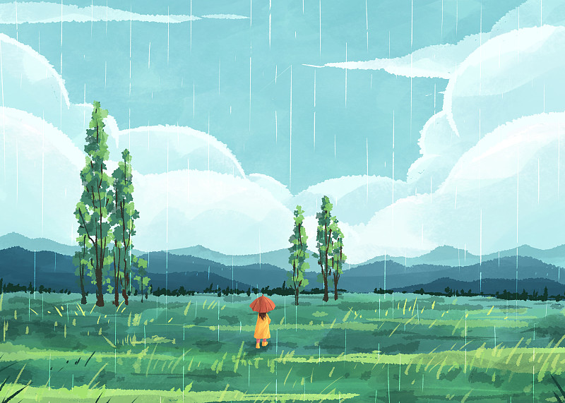 四季的色彩景观节气插画雨水横版图片