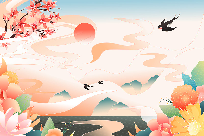 自然风光中国风装饰画传统国风花卉背景矢量插画下载