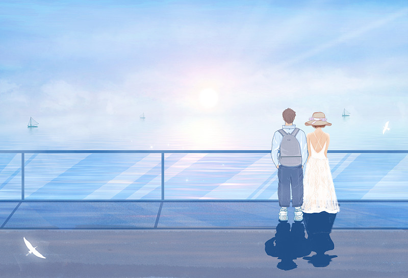 情侣在观海长廊上看海上日出插画下载