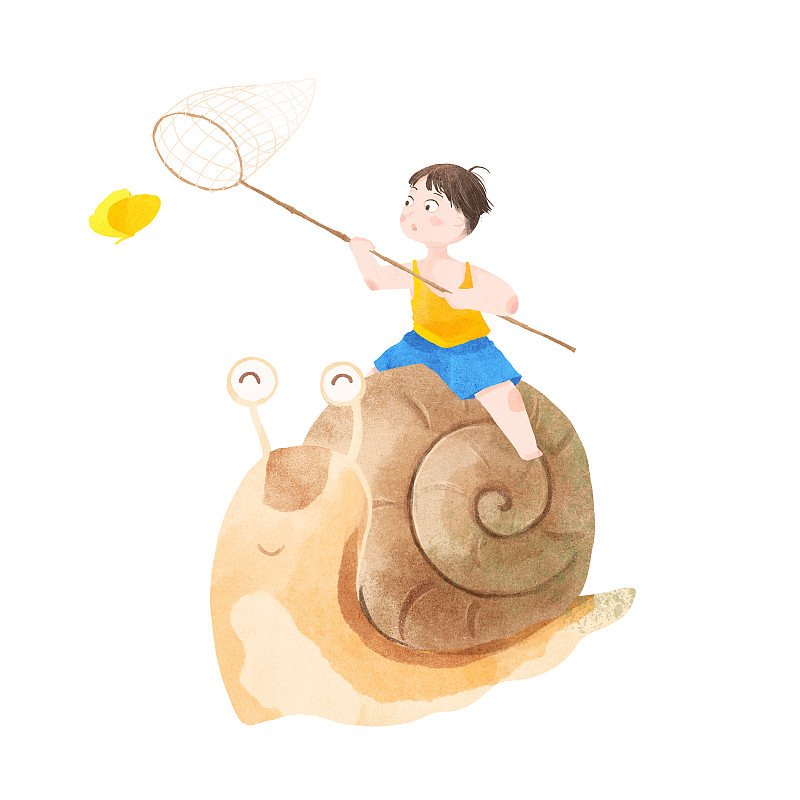 夏天骑在蜗牛上用捕虫网捕蝴蝶的男孩插画图片