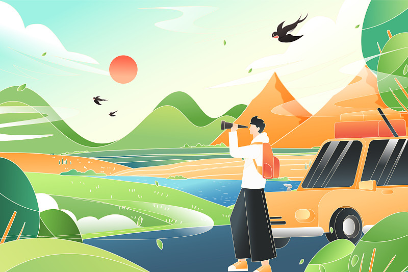 五一劳动节出游自驾游自然风光中国风背景矢量插画图片