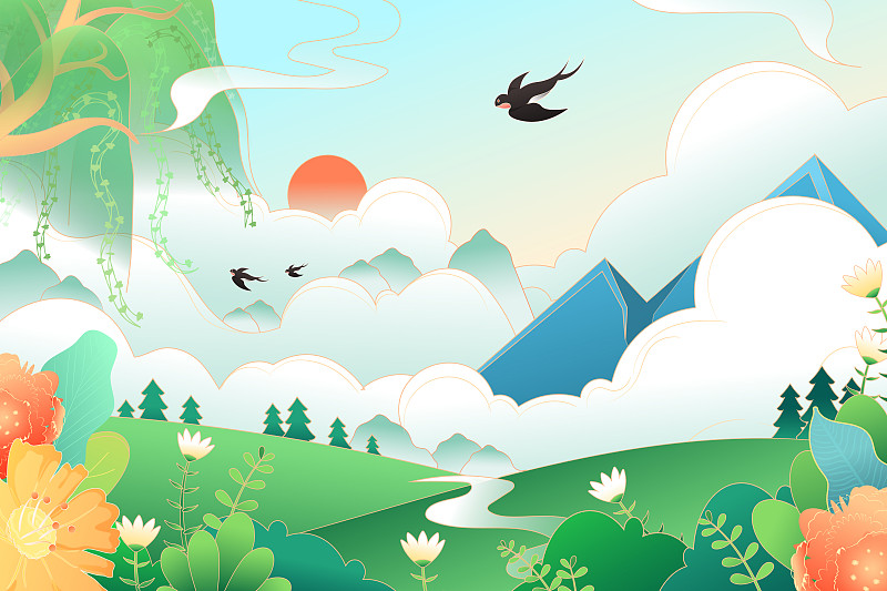 夏季出游旅行中国风自然风景矢量插画下载