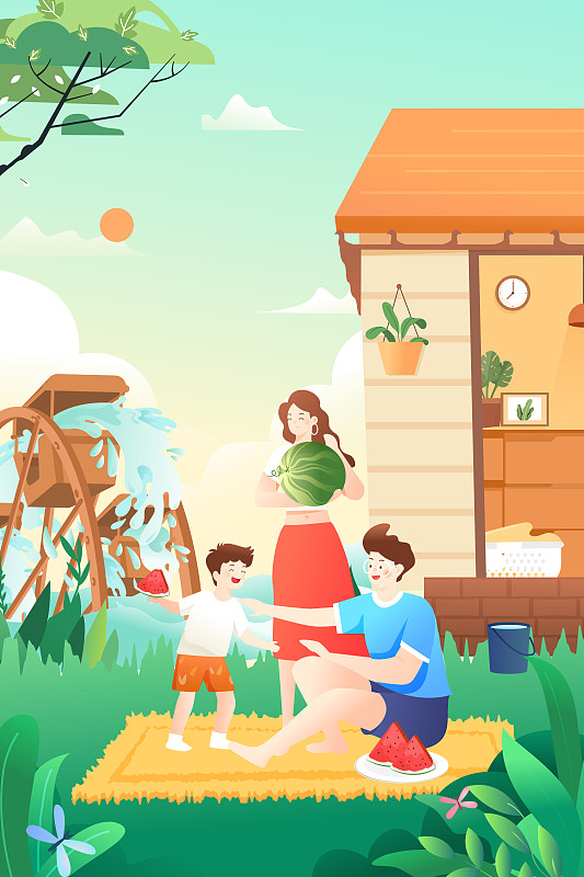 夏季家人亲子吃西瓜玩乐自然风景踏青矢量插画下载