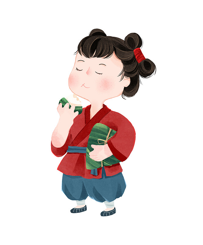 端午节抱粽子吃粽子的小男孩插画图片