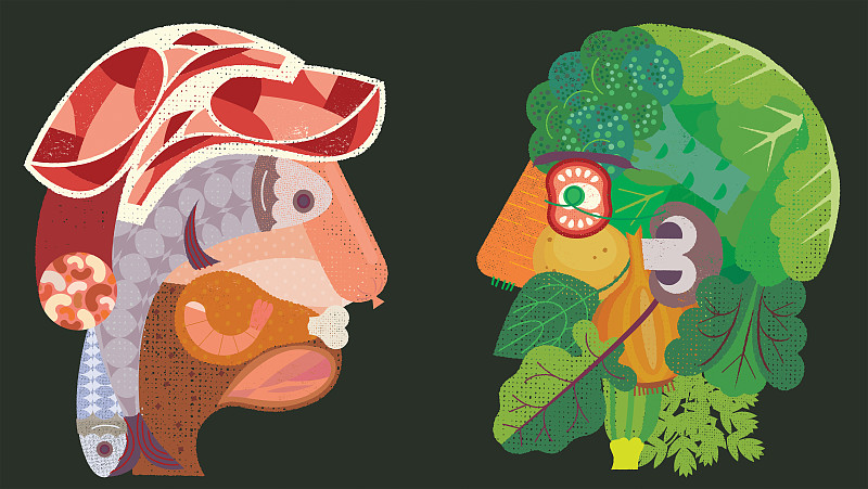 对比由肉和鱼形成的头和蔬菜图片素材