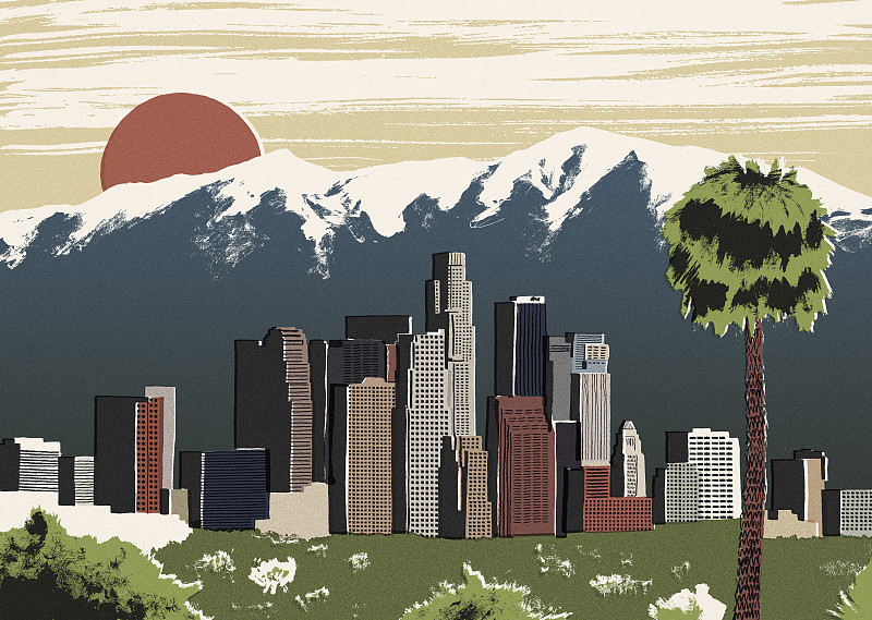 洛杉矶的城市景观对抗山峰的插图图片素材