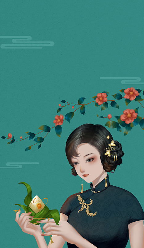 穿旗袍的女人在剥粽子中国风插画下载