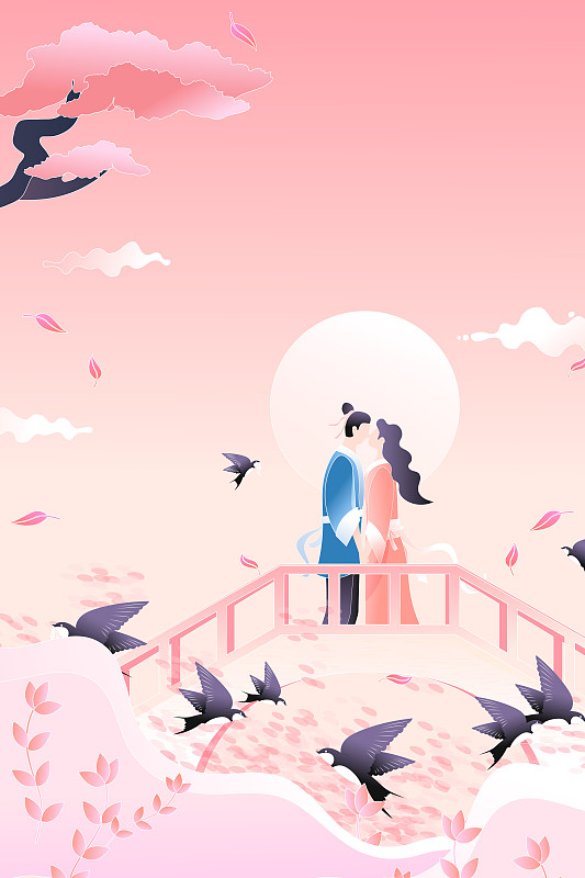 卡通七夕情人节情侣牛郎织女相会鹊桥中国风传统节日风景矢量插画图片