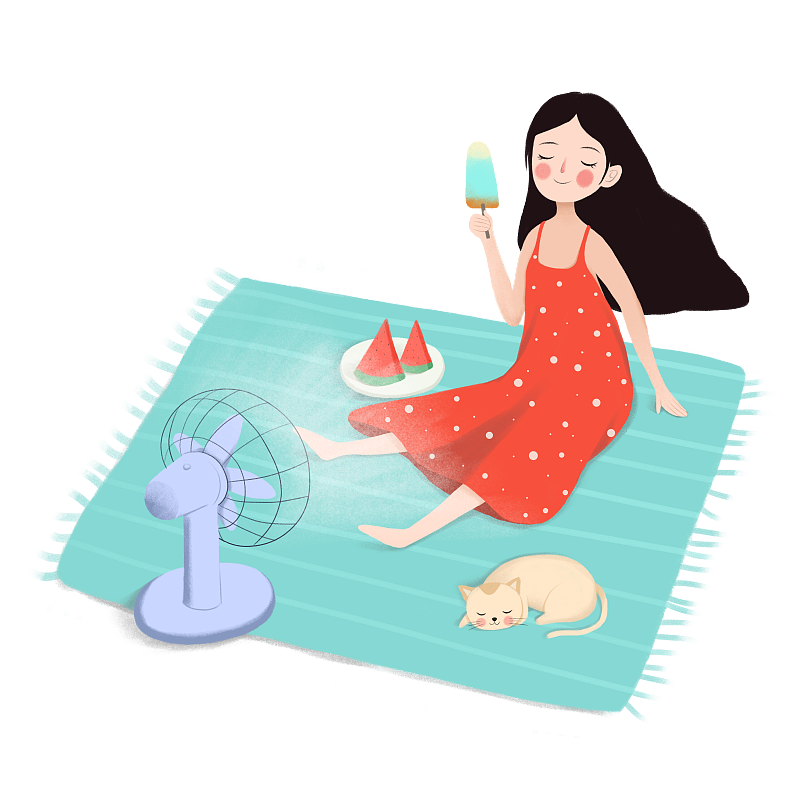 手绘卡通夏天吃冰棍的女孩插画元素图片