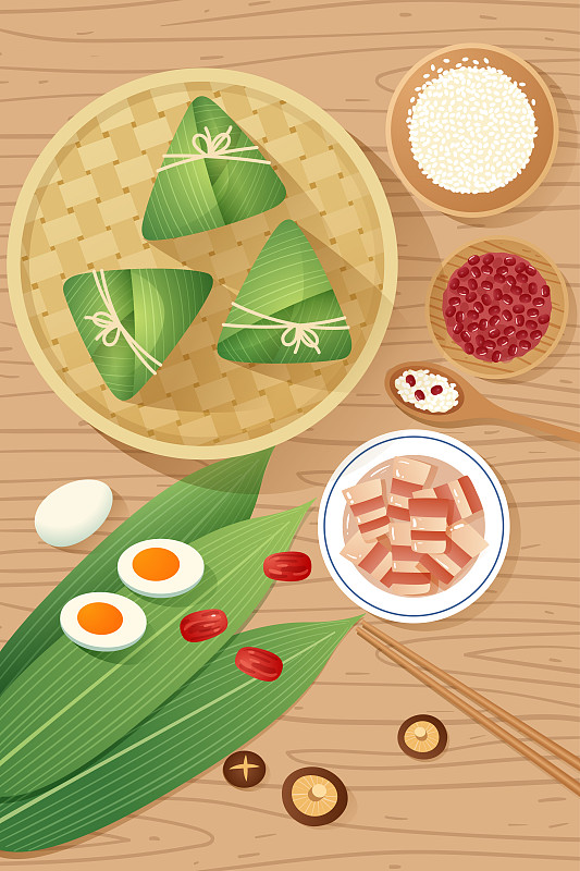 木桌上的粽子和糯米红豆五花肉等食材图片素材