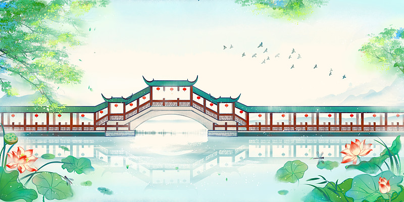 中国风唯美荷花古建筑手绘插画图片