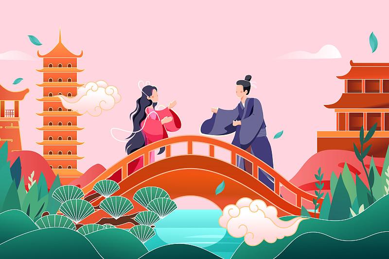 七夕节牛郎织女相会拥抱情人节礼物传统古城风景矢量插画图片