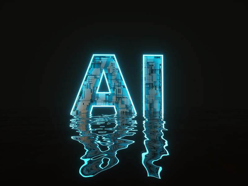 三维渲染浮在水面上的AI发光文字图片下载