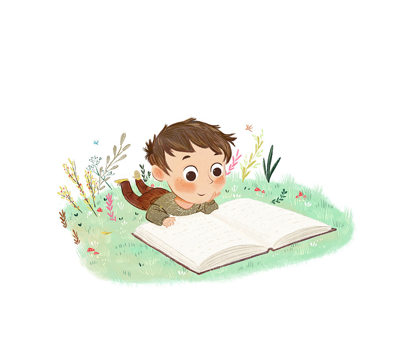 小男孩趴在草地上看书儿童插画图片