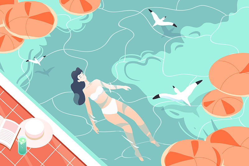 夏季大暑三伏天游泳池顶视图风景度假暑期生活矢量插画图片